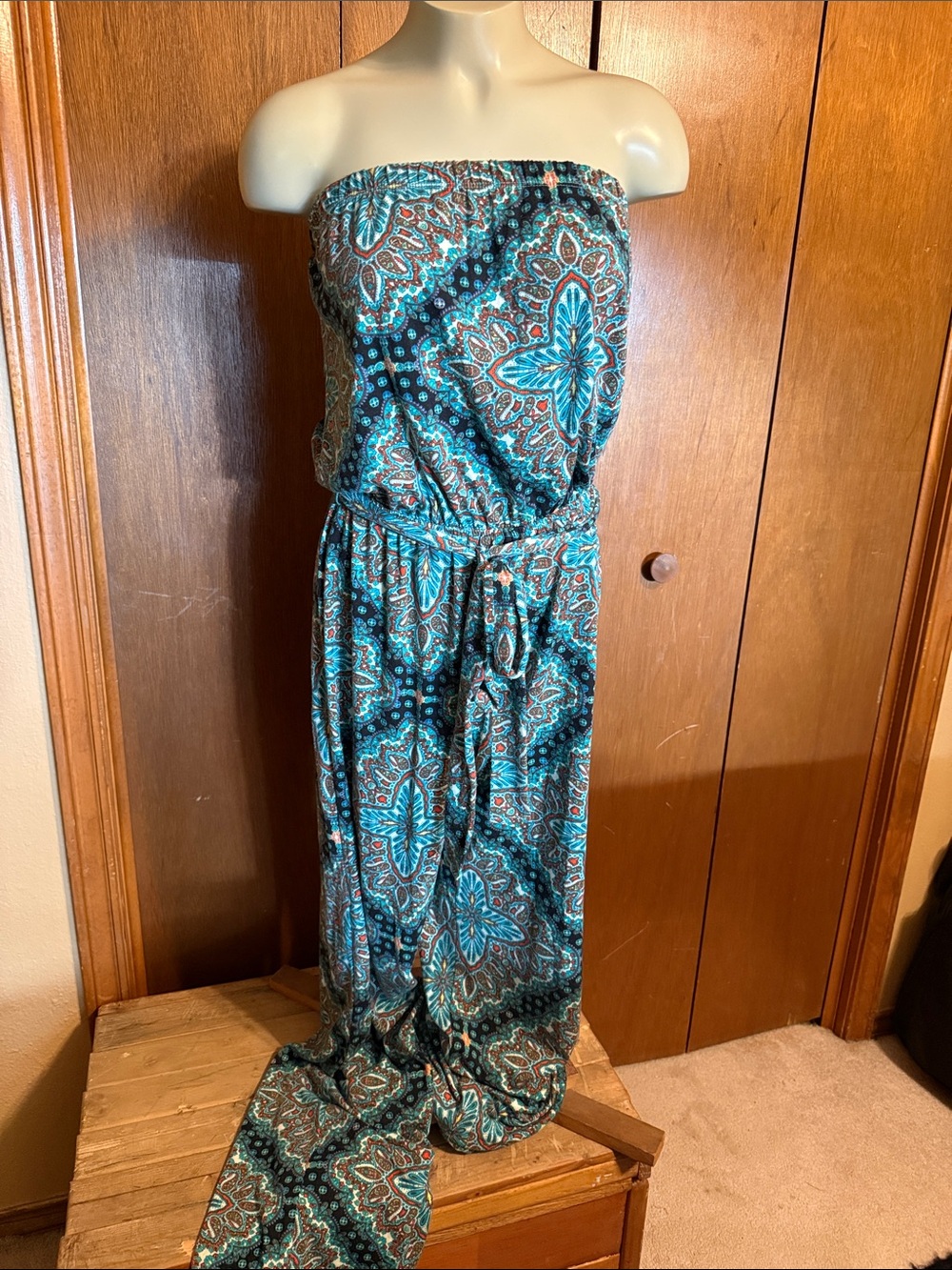 Espresso Teal and Brown Strapless Paisley Jumpsuit